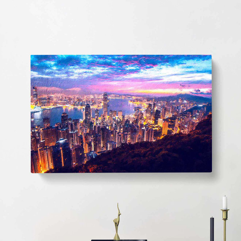 Hong Kong Skyline At Sunset - Wrapped Canvas Painting, 35cm H x 50cm W x 3cm D