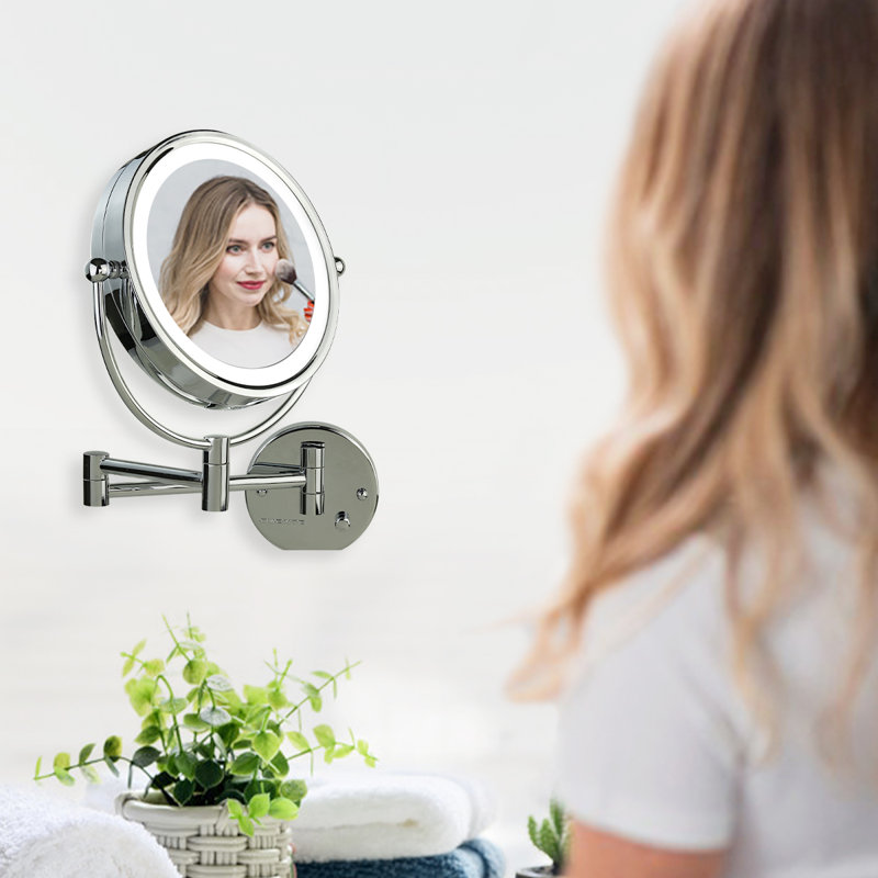 OVENTE 9" Lighted Wall Mount Makeup Mirror with 1X/7X Magnification, Double Sided Magnifying Bathroom Mirror, LED Glow Light, 360° Swivel Design, Extendable Folding Arm, Polished Chrome MPWD3185CH1X7X