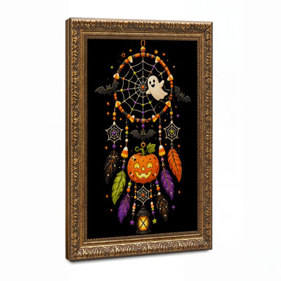 Dreamcatcher With Ghost Bats And Pumpkin Halloween Canvas Wall Art