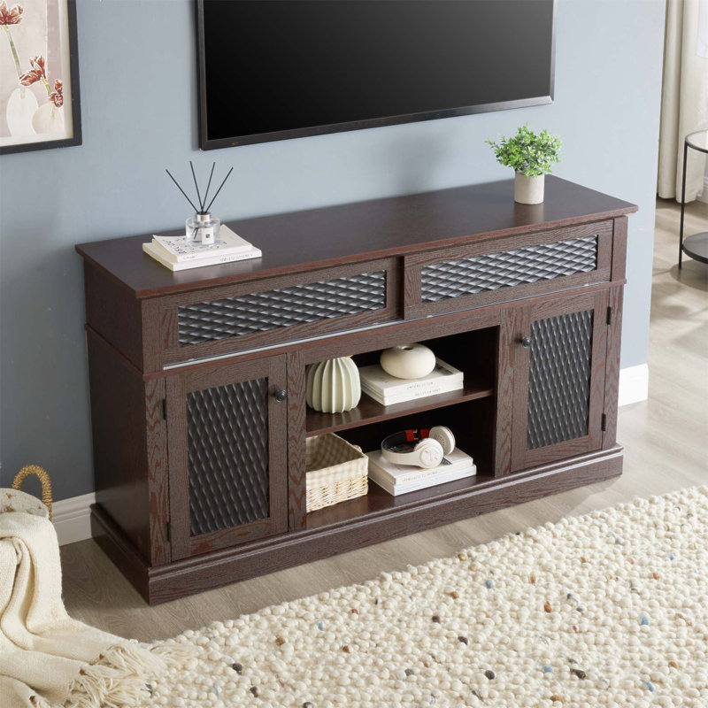 Meuble télé et console multimédia à motif en relief avec rangement ouvert et fermé, portes coulissantes pour le salon et la chambre à coucher, finition CHERRY