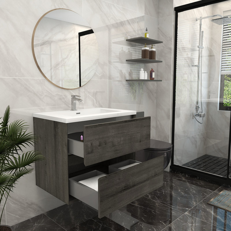 Ensemble de meuble-lavabo mural simple 30 po, Chêne fumé