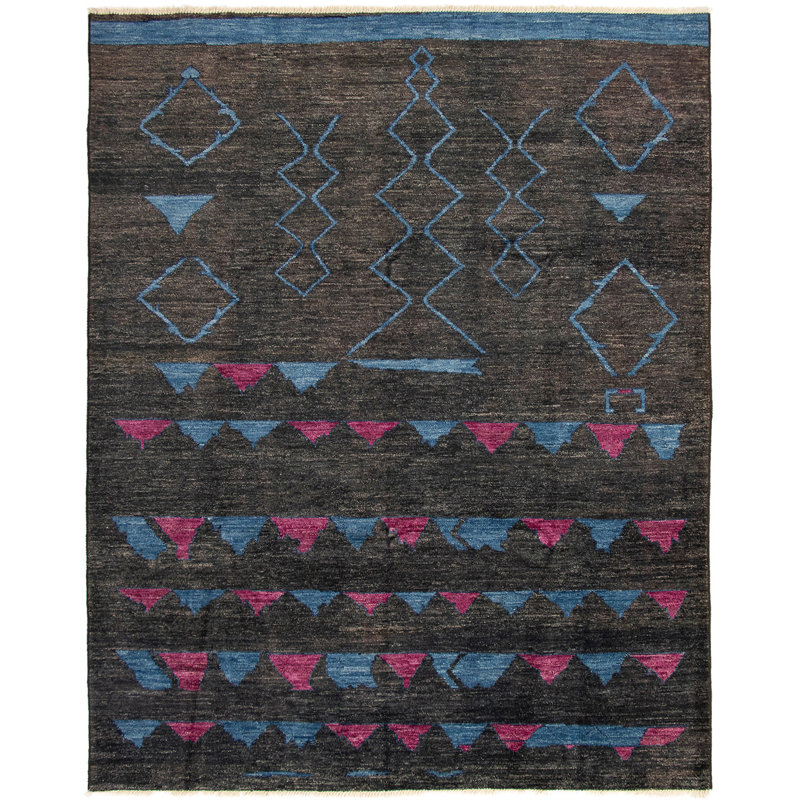 Tapis unique en laine noué à la main de style marocain gris foncé des années 2010 de 9 pi 6 po x 12 pi Kamirah