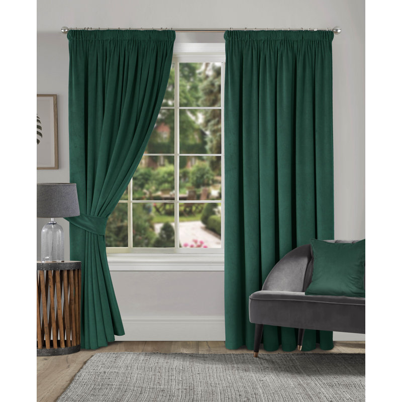 Velour Fully Lined Pencil Pleat Room Darkening Curtains, 114cm Width x 121cm Drop, Bottle Green
