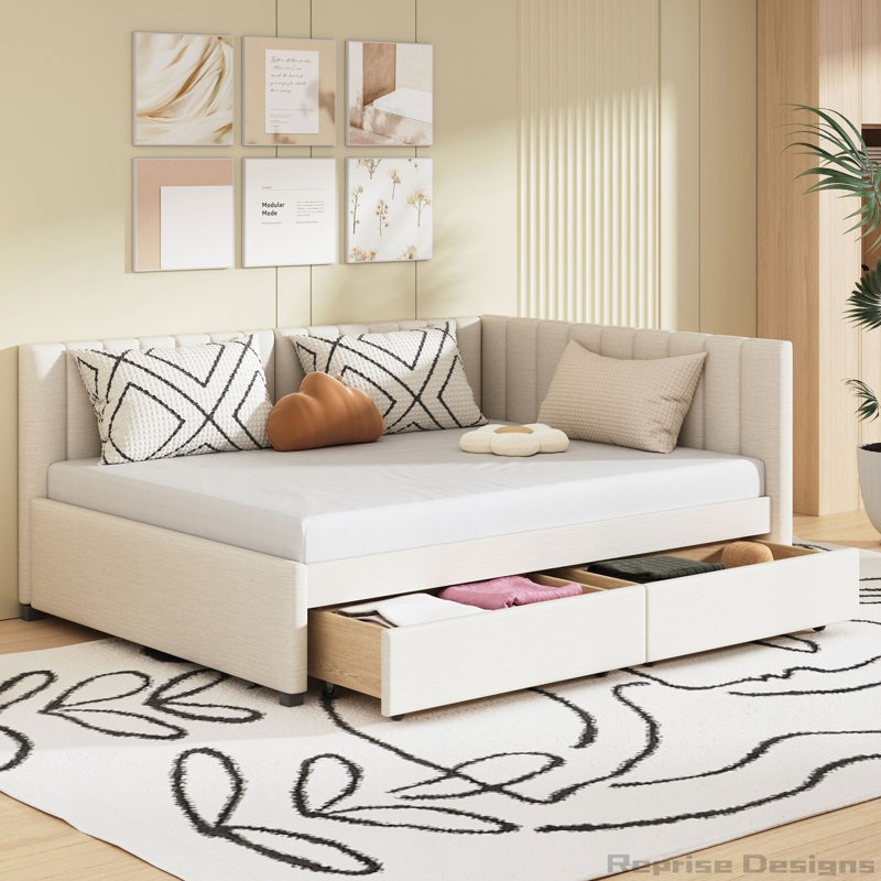 Lit de jour double rembourré avec lit gigogne simple, Beige, Tiroirs