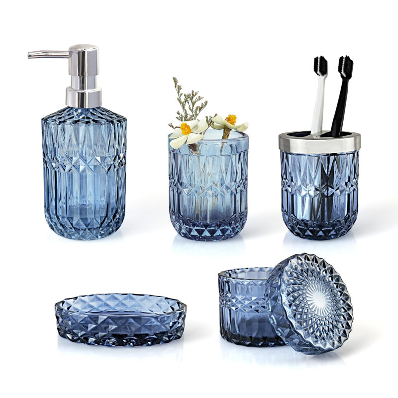 Blue Bathroom Accessories Set, 5Pcs Clear Glass Bathroom Accessories, Hand Soap Dispenser, Soap Dish, Toothbrush Holder Set, cotton swabs Holder For Crystal Vintage Bath Countertop Decor, Gift Set