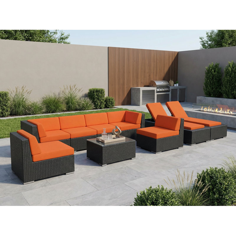 Ensemble de conversation modulaire en rotin avec coussins 9 pièces Barna - aucun assemblage requis, Toile Sunbrella® toscan