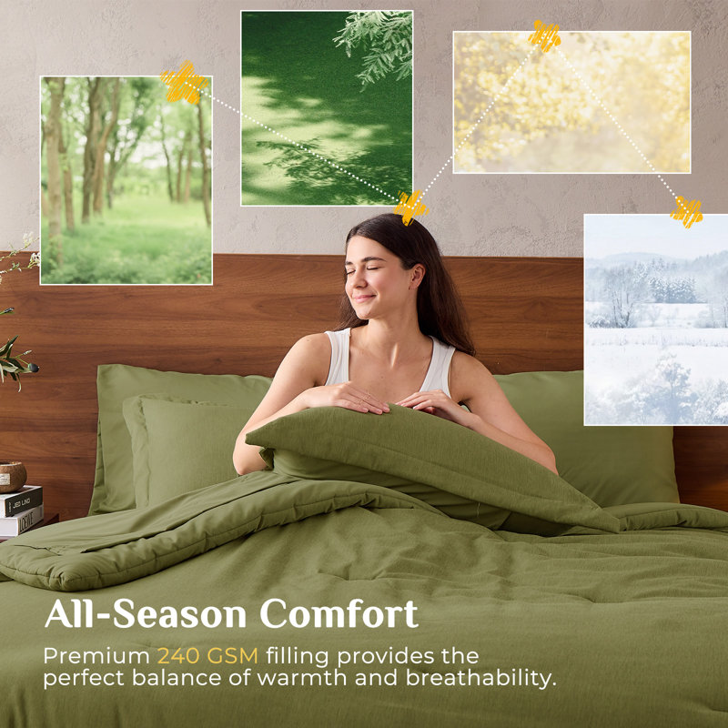 Ensemble de couette JOLLYVOGUE Queen 7 pièces vert olive, teinture cationique, ensemble de literie bicolore Queen comprenant une couette en duvet synthétique, des draps, des taies d'oreiller et des housses de coussin.