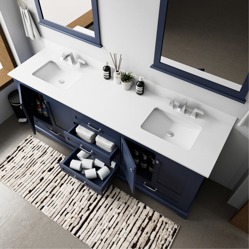 Meuble-lavabo 80 po avec comptoir en quartz 80 po - bleu et miroir, teinté et rayé, 2 armoires 6 tiroirs double 80 x 22 po, comptoir blanc, fermeture en douceur, poignées