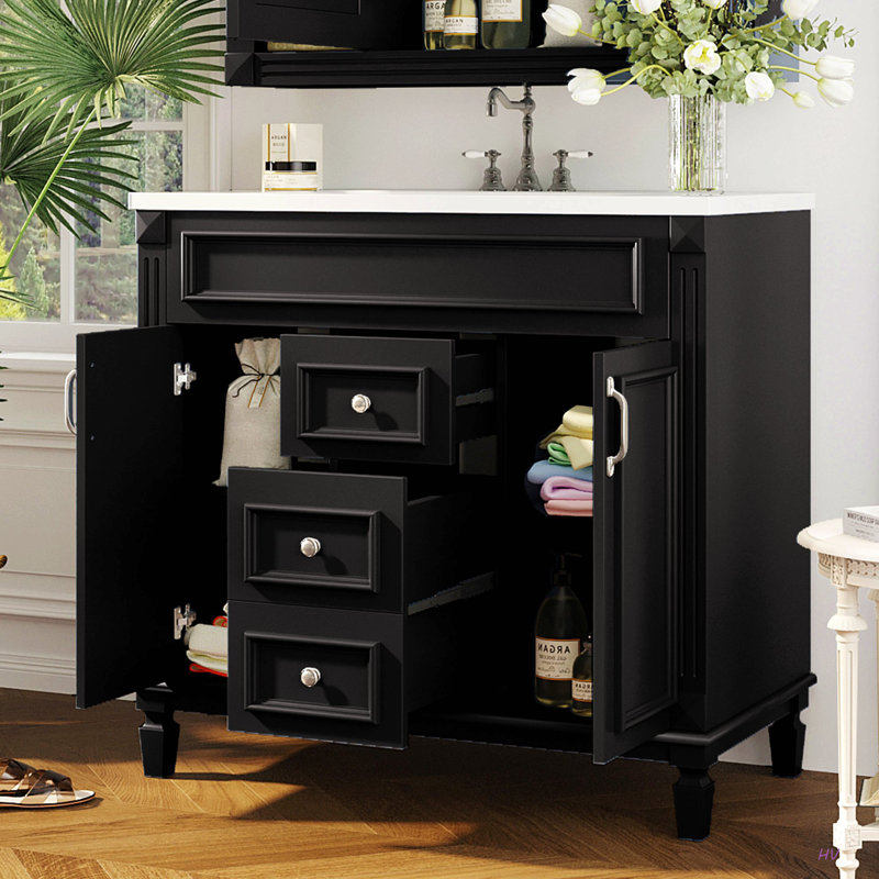 Meuble-lavabo 36 po avec lavabo supérieur, armoire de rangement moderne avec 2 portes à fermeture douce et 2 tiroirs, meuble-lavabo simple