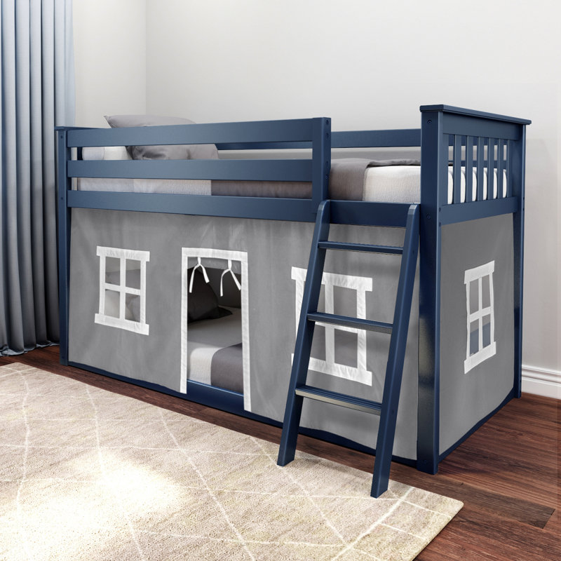 Mendelson Kids Low Bunk Bed with Curtain, Blue, Gray