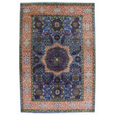 Tapis bleu et beige noué à la main de haute qualité