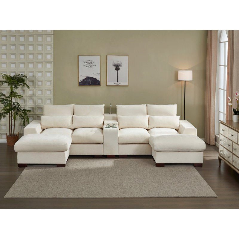 Canapé modulaire moderne avec console, port de charge USB, lampe de lecture, porte-gobelet, Beige