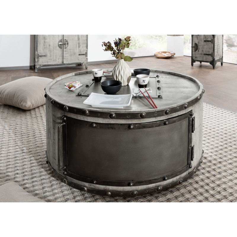Tokyo Solid Wood Drum Coffee Table with Storage, Grey