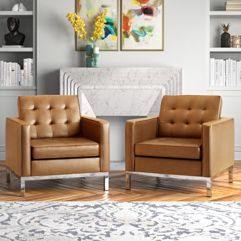 Fauteuils capitonnés en cuir Loft, Simili cuir brun clair
