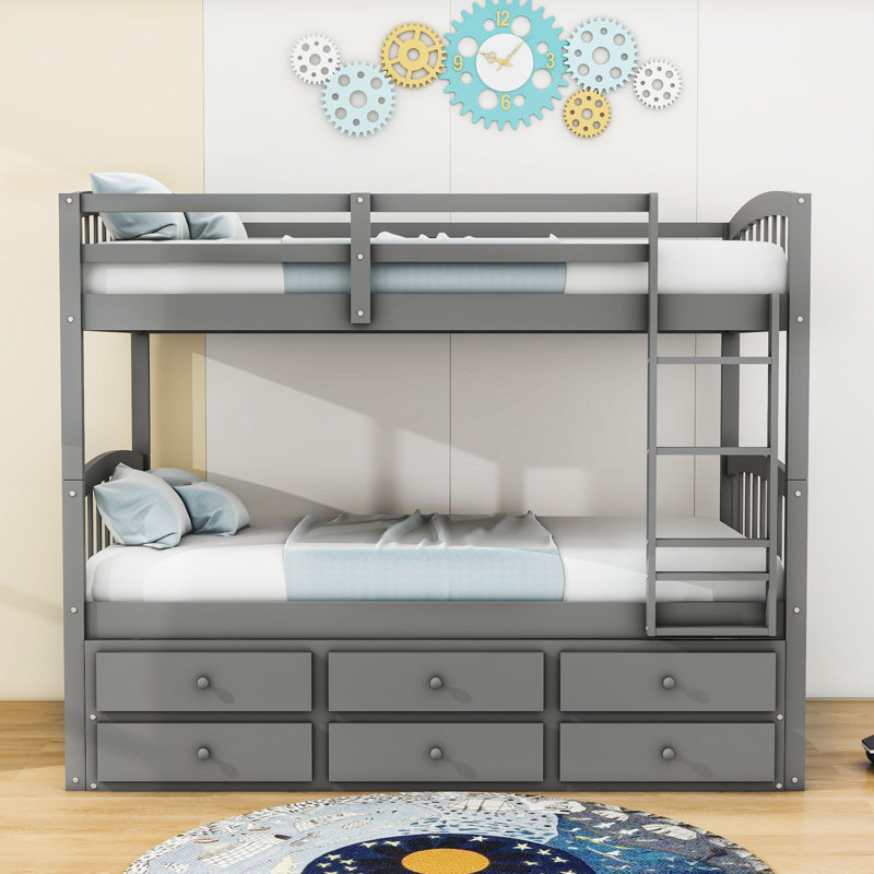 Ellaya Kids Twin Over Twin Bunk Bed with Trundle with Drawers, Gray