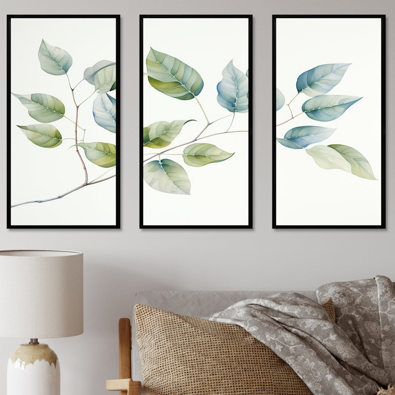 Feuilles vertes, minimalisme I, ensemble d'art sur toile, H 28 po x l 36 po x P 1 po, Cadre flottant noir