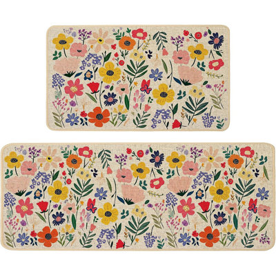 Kitchen Rugs - Multicolor, Spring & Summer Flowers, Non-Slip Washable Floor Mats, Set Of 2