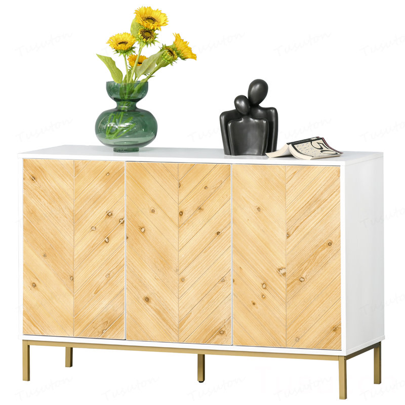Buffet 3 portes, armoire de cuisine, armoire à chevrons, tablette réglable et pieds en métal, bois