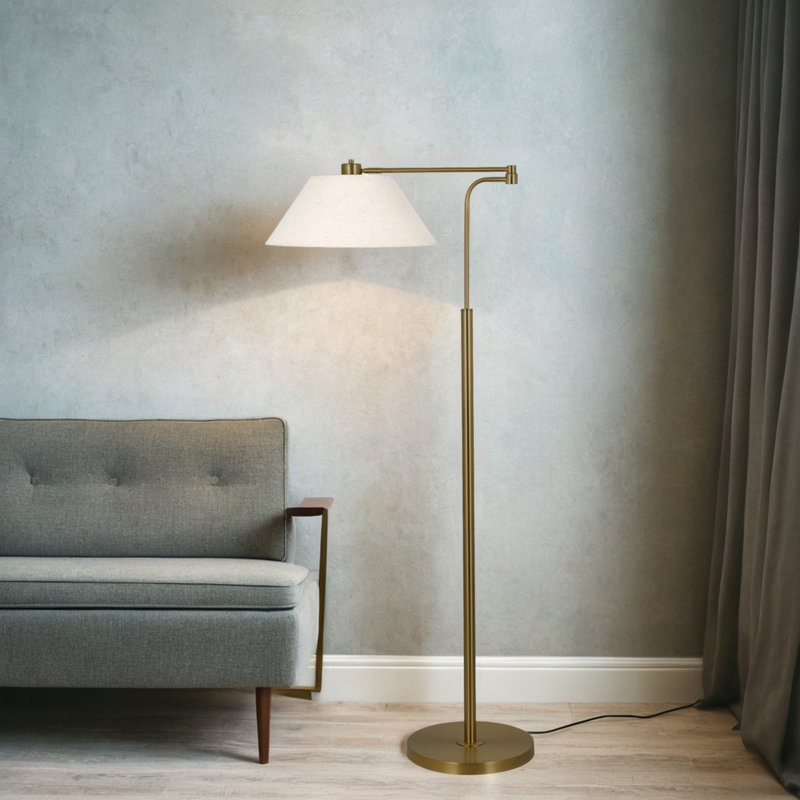 60" Metal Floor Lamp with Linen Shade, Brush Brass 