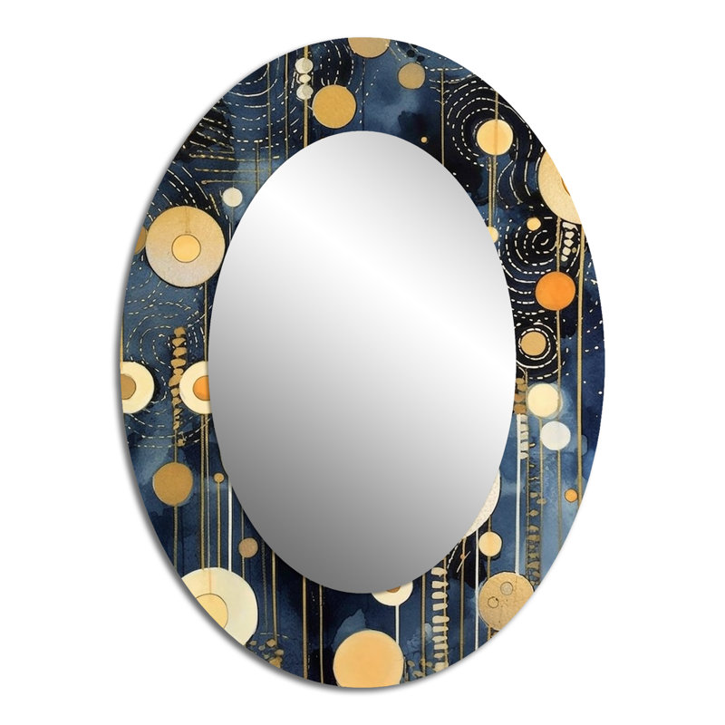 Pastel Abstract With Blue Black & Gold Spots XV - Modern Oval Wall Mirror, 40" x 30"