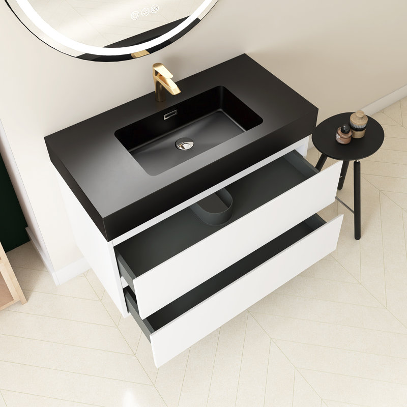 Meuble-lavabo simple 36 po avec plateau Semyah, Noir, Blanc