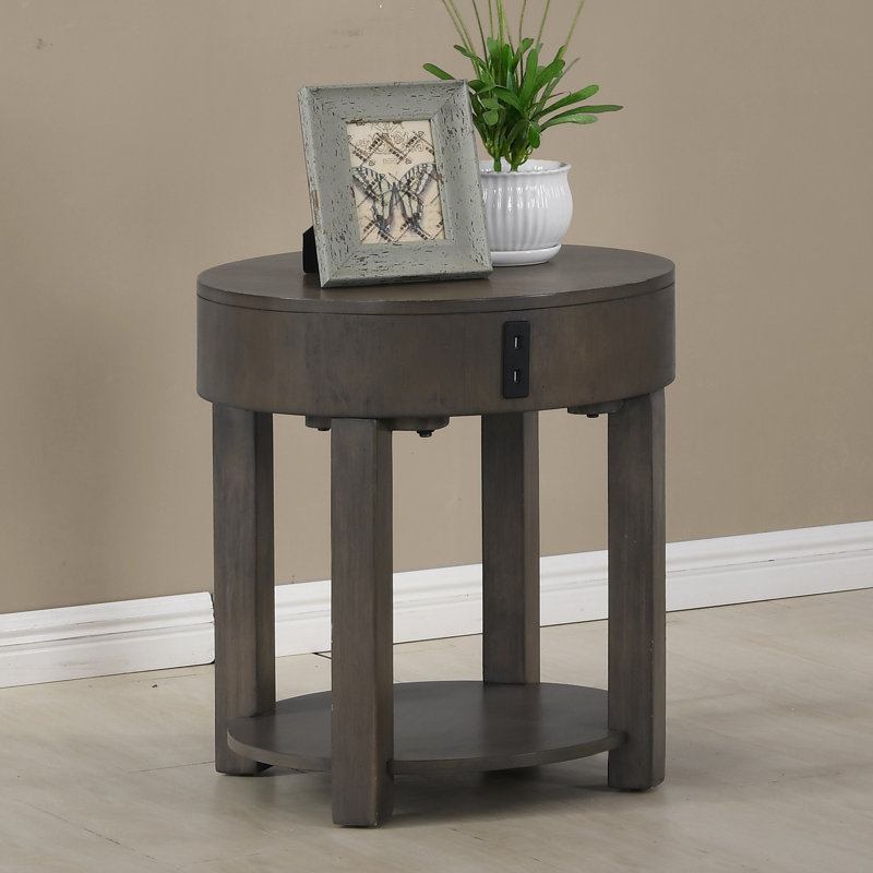 Jonah Light Brown 20" Round End Table with USB Ports and Shelf