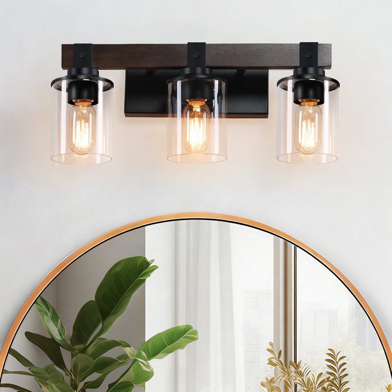 3 - Light Wooden Dimmable bathroom Vanity Light Over Mirror With Clear Glass Shades, Farmhouse Wall Light Fixture For Bathroom, Bedroom, Hallway