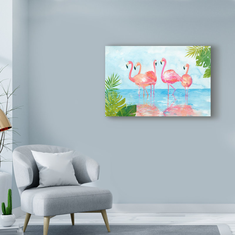 «Flamants et feuilles», reproduction de peinture acrylique sur toile tendue, H 12 po x l 19 po x P 2 po