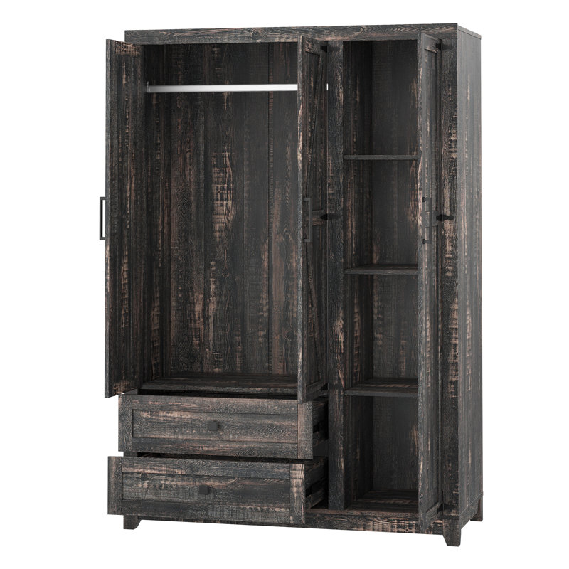 Armoire-penderie à 3 portes Bichock 70 po avec 2 tiroirs et tringle, chêne foncé, Chêne foncé