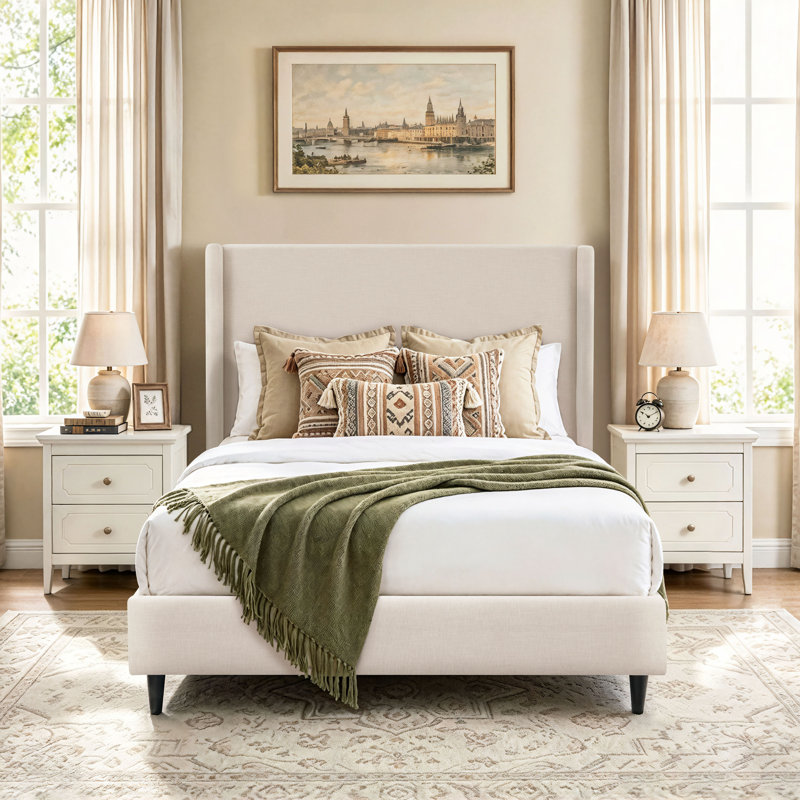 Très grand lit à oreilles tapissier Ana, Très grand lit, Toile ivoire texturée