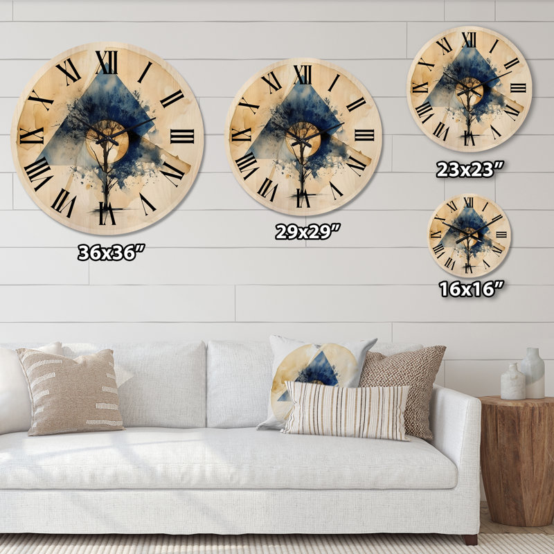 Horloge murale géométrique abstraite paysage de montagne lune et arbre IV, Très grand