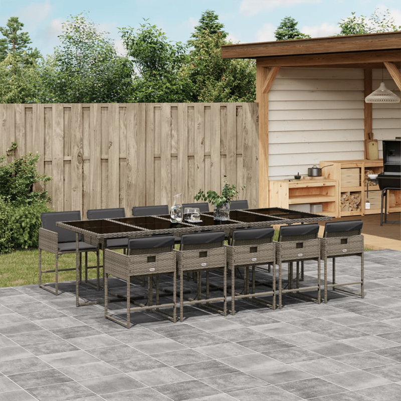  Ensemble repas 11 pièces pour patio avec coussins en rotin de polyester gris, Gris, Gris foncé