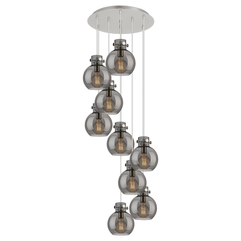 Luminaire suspendu 9 lumières Amrith, Gris fumée clair, Nickel poli