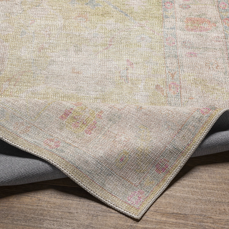 Dietrick Machine Washable Oriental Grass Green/Light Pink Area Rug, Rectangle 7'6" x 9'6"
