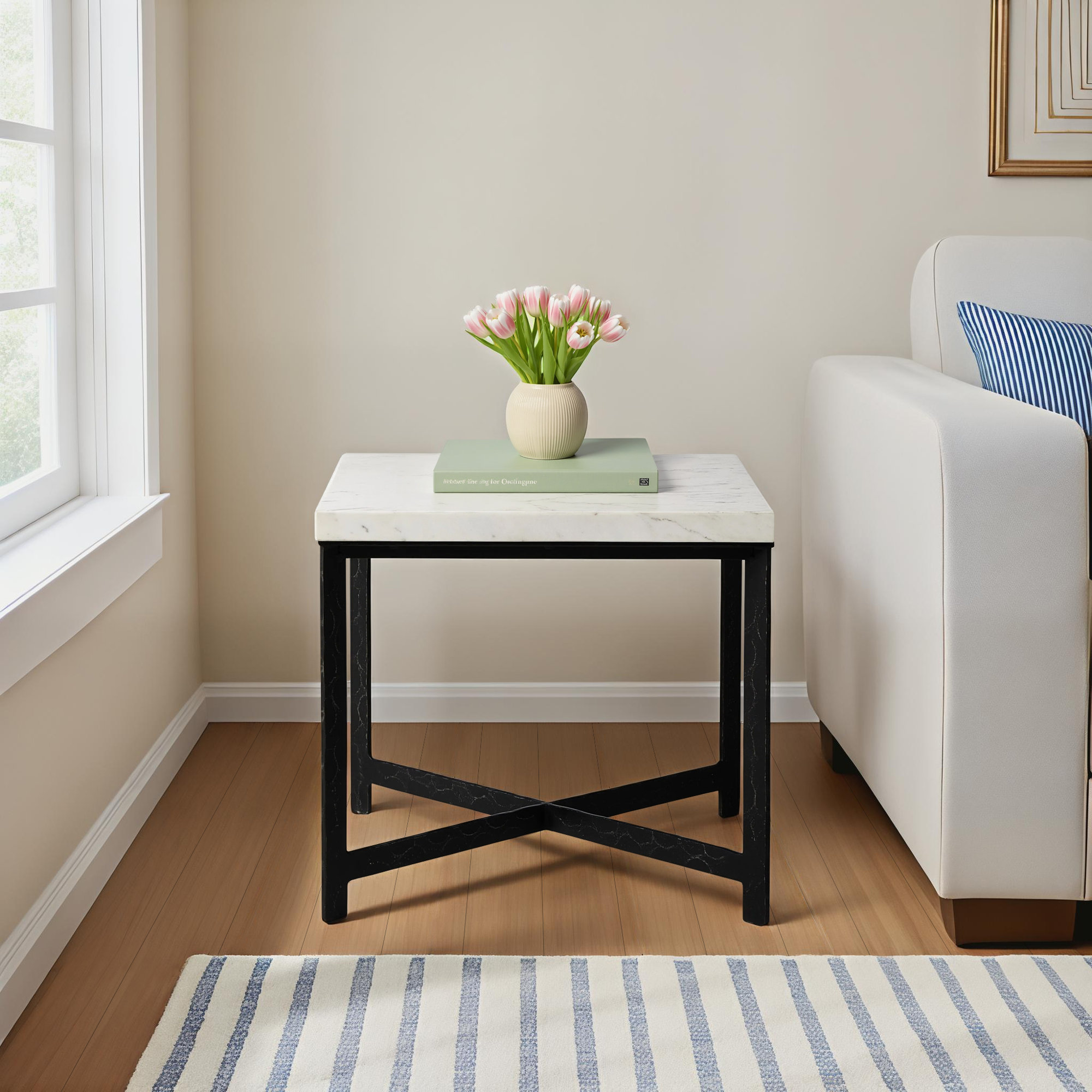 Nelida End Table-White Marble, Charcoal Marble Top/Hammered Black Iron Base
