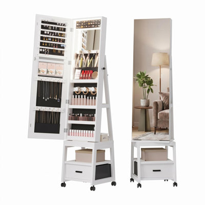 Mirror Jewelry Cabinet with LED Lights, 66" Lockable Full Length Armoire with Storage Drawer & 360° Swivel Base, White, 15 x 15 x 66 Inch