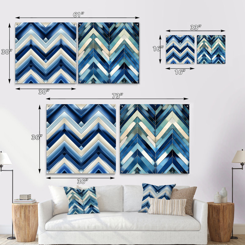 Ensemble de 2 reproductions d'art mural en acrylique sur fond de chevrons rétro vintage bleu et bleu cobalt