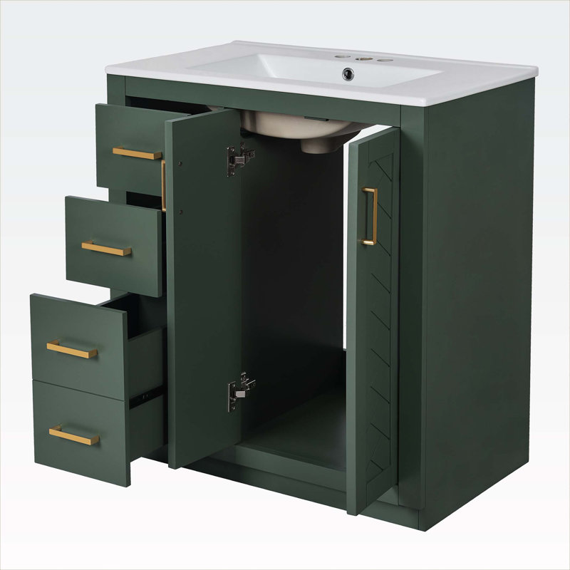 Ensemble de meuble-lavabo autoportant avec 3 tiroirs et portes à fermeture douce, Vert