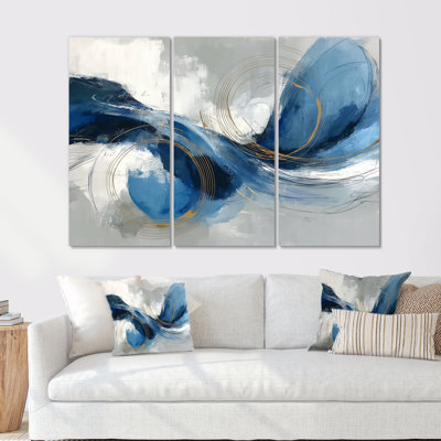 Abstract Swirl In Blue And White Tones  - Line Art Wall Art Set
