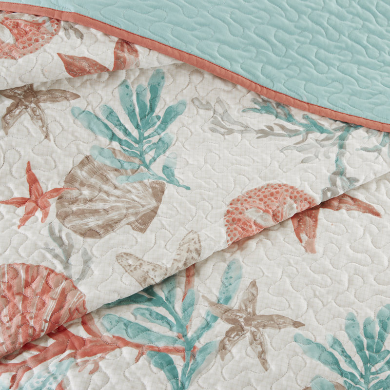Aqua Blue Cotton Reversible Coastal Quilt Set, Full