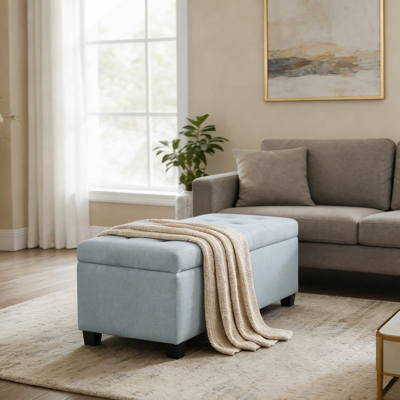 Banc de rangement rembourré Amalfi, 15,5 po H x 49,75 po L x 18,8 po P, Polyester bleu ciel