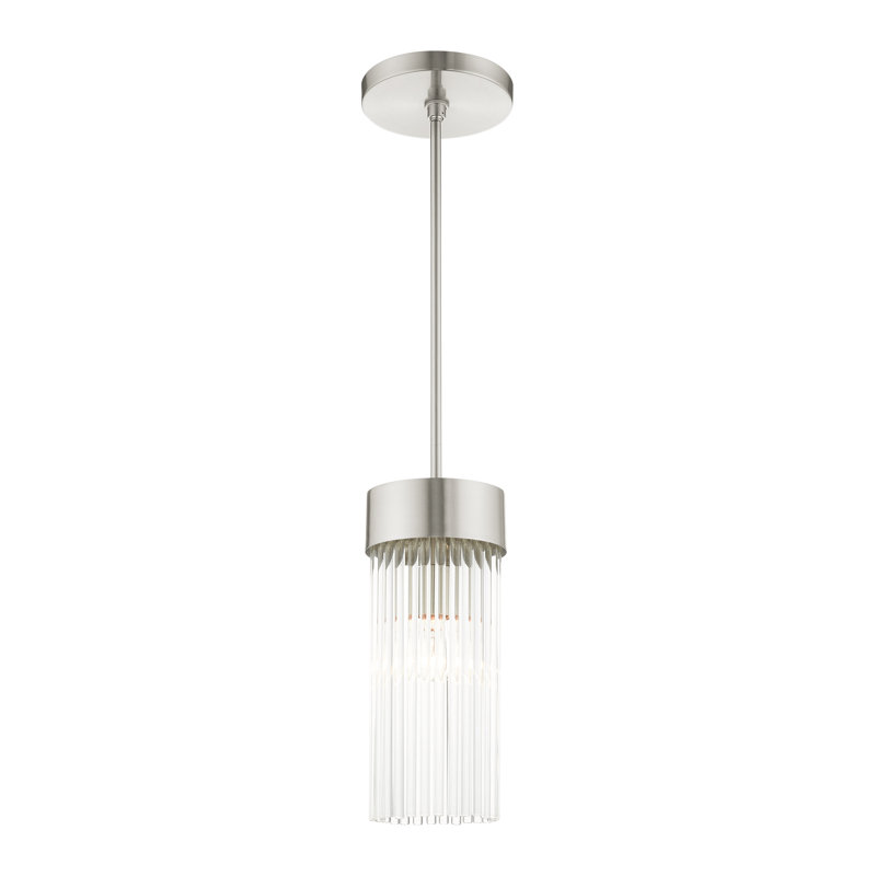 Luminaire suspendu cylindrique simple à 1 lumière avec détails en cristal Bamey, Nickel brossé