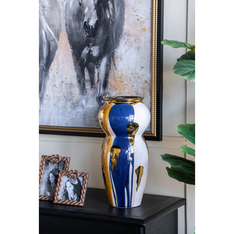 Curved Ceramic Vase with Abstract Multicoloured Finish, Yellow/Blue, 16.3" H X 7.9" W X 7.9" D