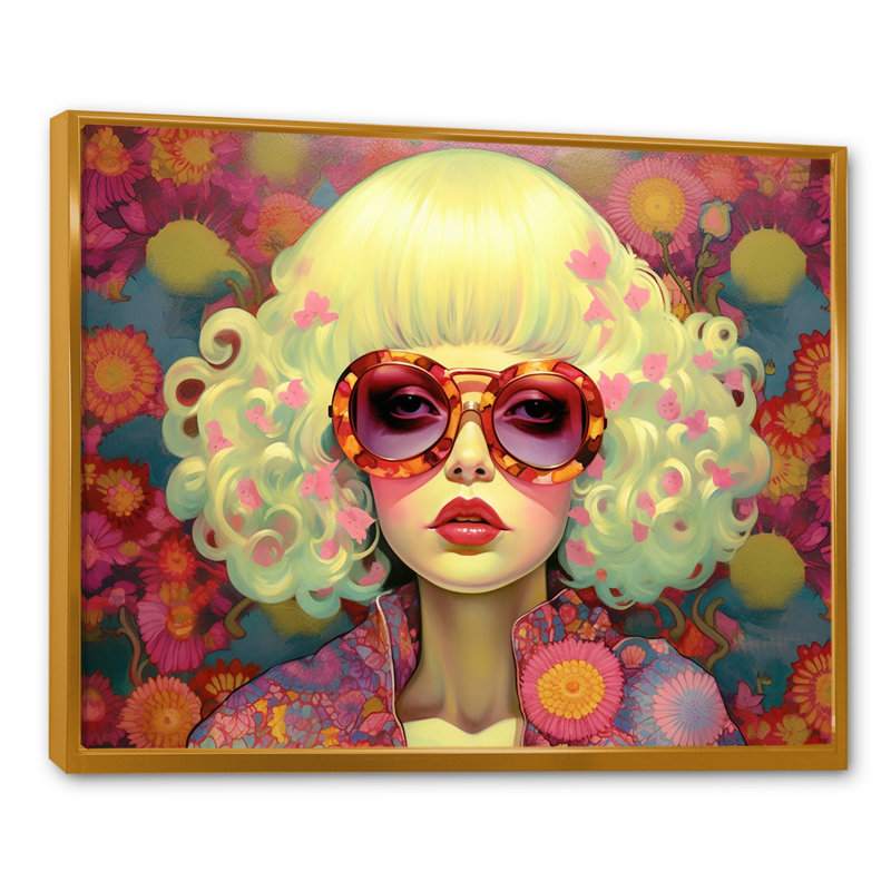 «Retro Cool Discopunk Queen» sur toile, Cadre flottant doré, H 30 po x l 40 po x P 1,5 po