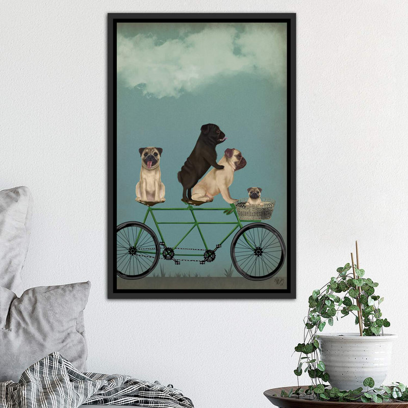 «Pug Tandem» - Imprimé, Cadre noir vieilli, H 60 po x l 40po x P 1,5 po