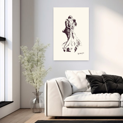 Art mural romantique, croquis à l'encre d'un couple embrassant et sur le point de s'embrasser