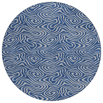 8' Navy Blue And Gray Round Abstract Washable Indoor Outdoor Area Rug