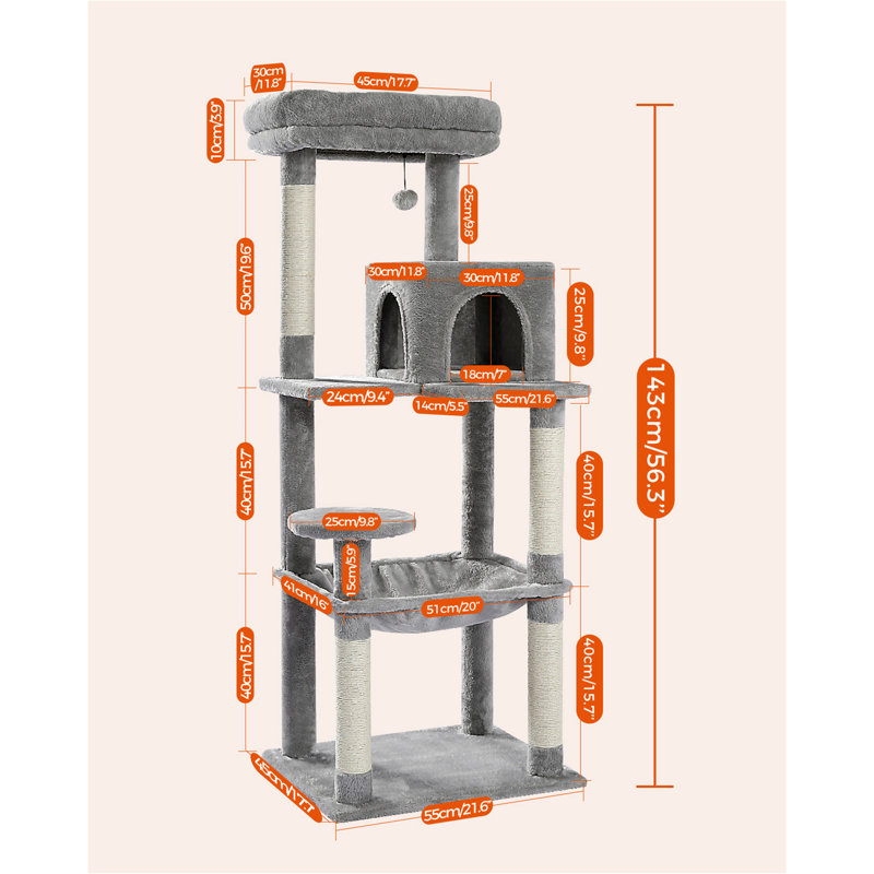 Eluster 56.3" H Cat Tree, Grey, 56.3" H x 21.6" W x 17.7" D