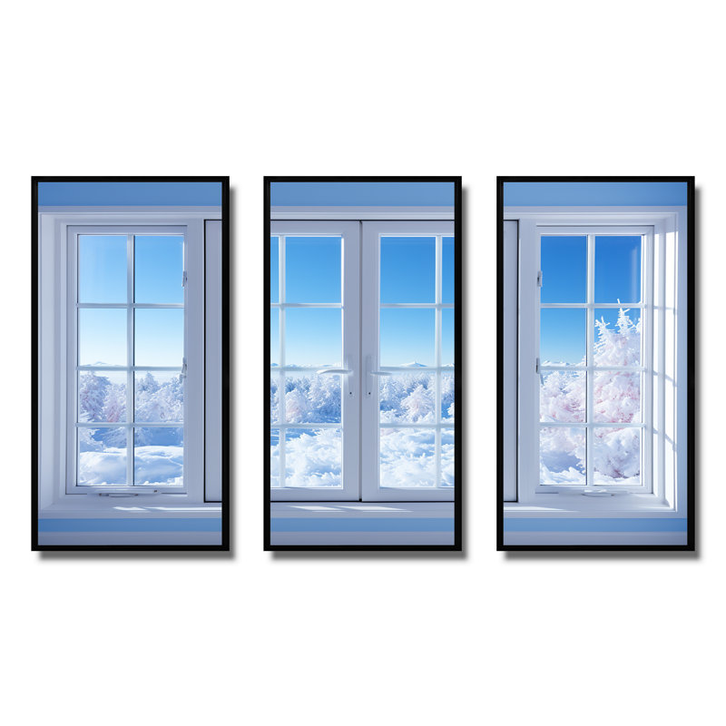 Winter Wonderland Window Views - Winter Landscape, art mural, H 28 po x l 36 po x P 1 po, Cadre flottant noir