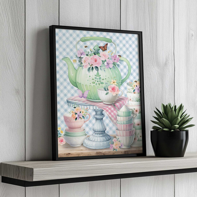 «In the Kitchen Teapot and Cups» par Nicole DeCamp, reproduction d'art, L 36 x H 48, Brun, Impression encadrée